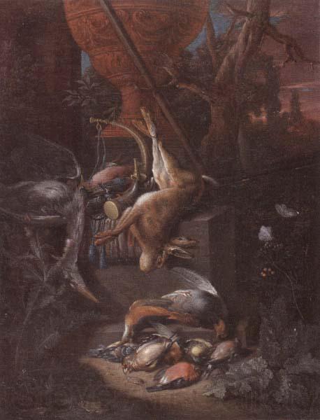 Pieter Gijsels A game still life of a hung hare,a brace of birds,a shotgun,hunting horn,and other objects,all arranged on a stone plinth and set in a landscape Norge oil painting art